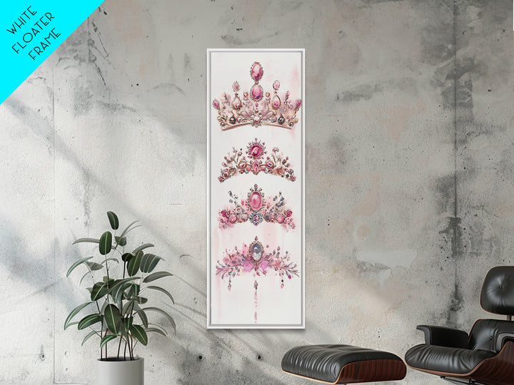 Royal Pink Tiara Framed Canvas Print Princess Gemstone Painting Feminine Wabi Sabi Art Vertical Wall Art Elegant Home Decor