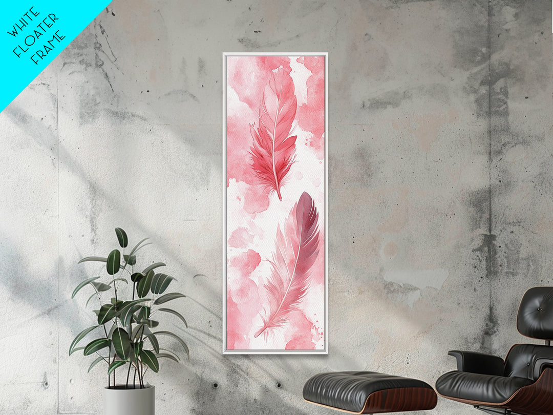 Elegant Feather Art Framed Canvas Print Boho Wabi Sabi Decor Vertical Wall Art Minimalist Feather Design Light Pink Wall Art