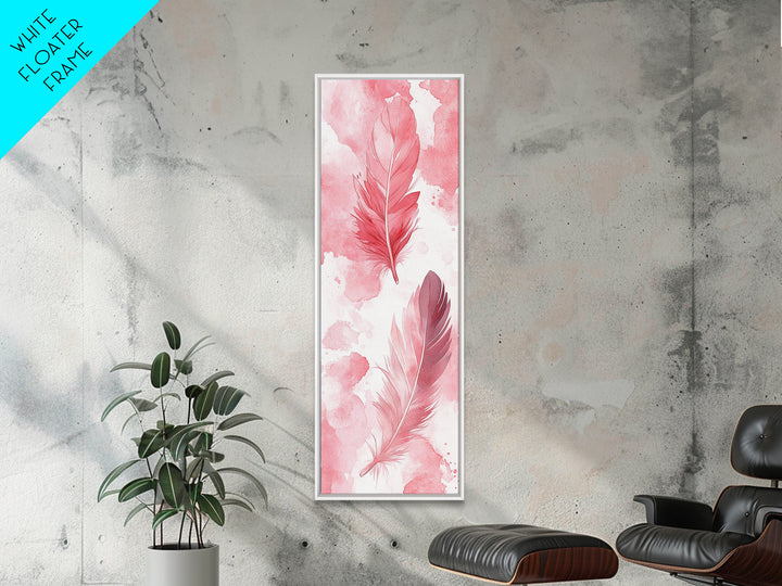 Elegant Feather Art Framed Canvas Print Boho Wabi Sabi Decor Vertical Wall Art Minimalist Feather Design Light Pink Wall Art
