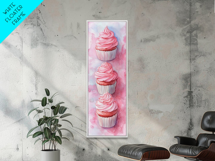 Pink Cupcake Trio Canvas Print, Whimsical Kitchen Art, Rustic Light Pink Wall Art, Food Review Vertical Artwork, Gift Idea For Her