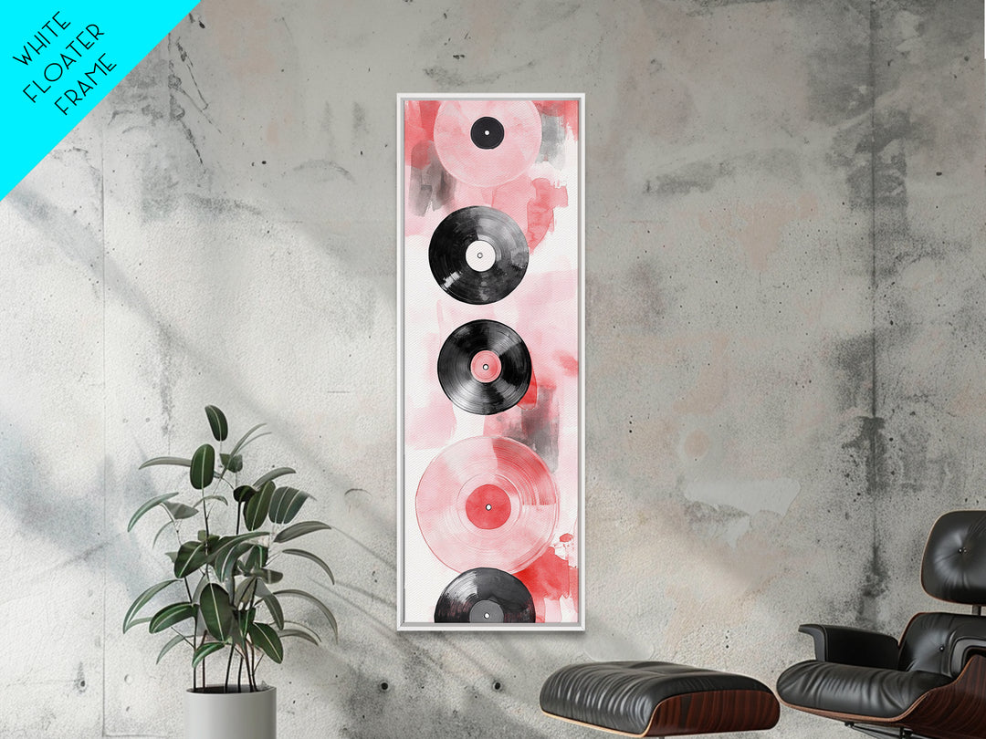 Abstract Vinyl Records Canvas Print, Retro Music Lover Wall Art, Light Pink Minimalist Art, Vertical Skinny Living Room Decor