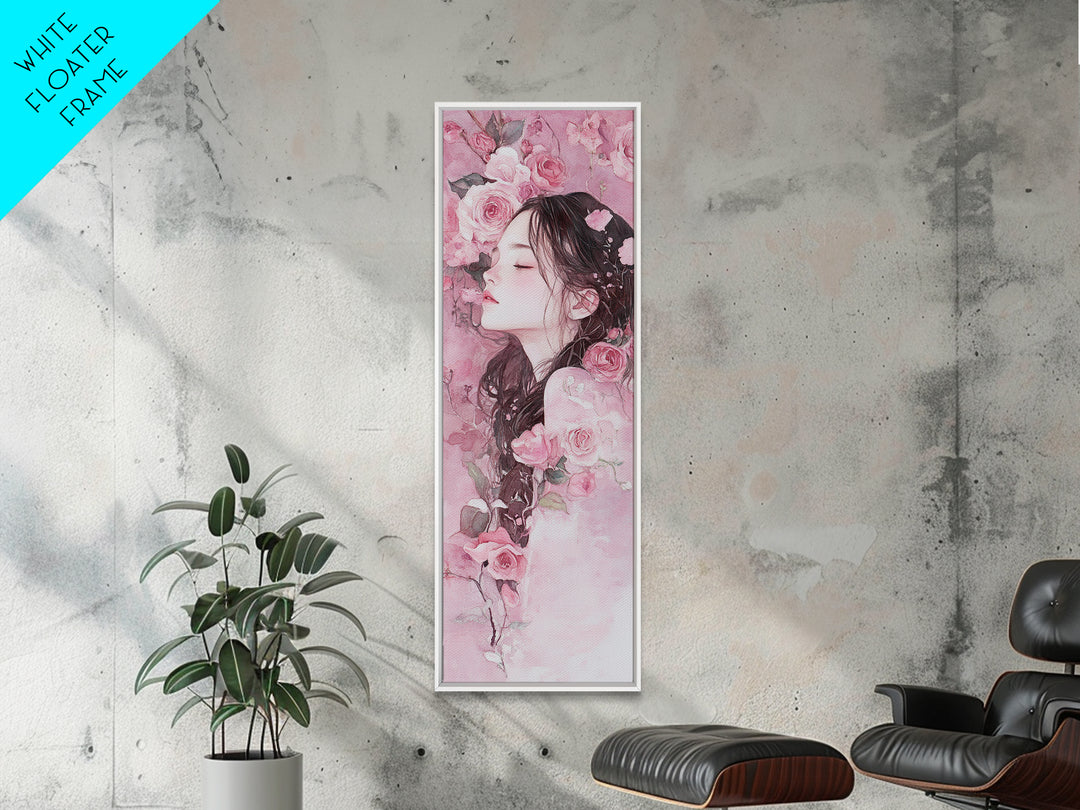 Romantic Rose Girl Painting Framed Canvas Print Pink Wall Art Bedroom Decor Feminine Rose Painting Above Bed Artwork Gift Idea