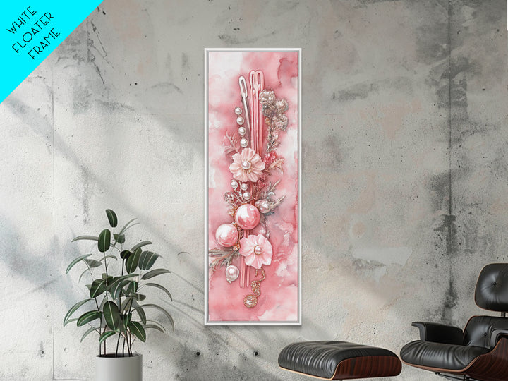 Elegant Pink Pearl Hair Accessories Framed Canvas Print with Whimsical Art Touch for Feminine and Minimalist Decor