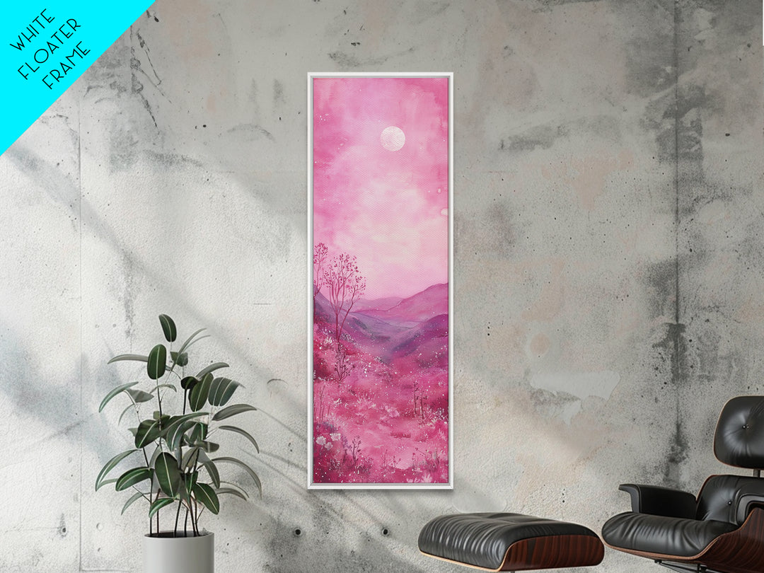 Mystical Pink Moon Framed Canvas Print with Wildflower and Mountain Painting Perfect Moody Landscape Art for Living Room
