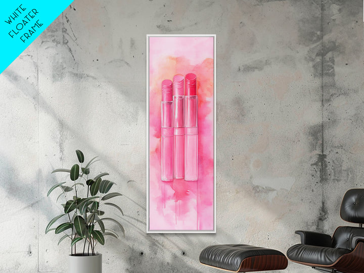 Light Pink Lipsticks Framed Canvas Print, Modern Whimsical Art, Abstract Vertical Art for Makeup Room or Girly Dorm Wall Decor
