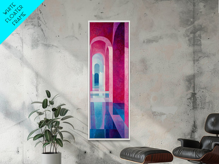 Geometric Archway Framed Canvas Print, Abstract Pink and Blue Whimsical Art, Skinny Vertical Wall Art for Modern Living Room Decor