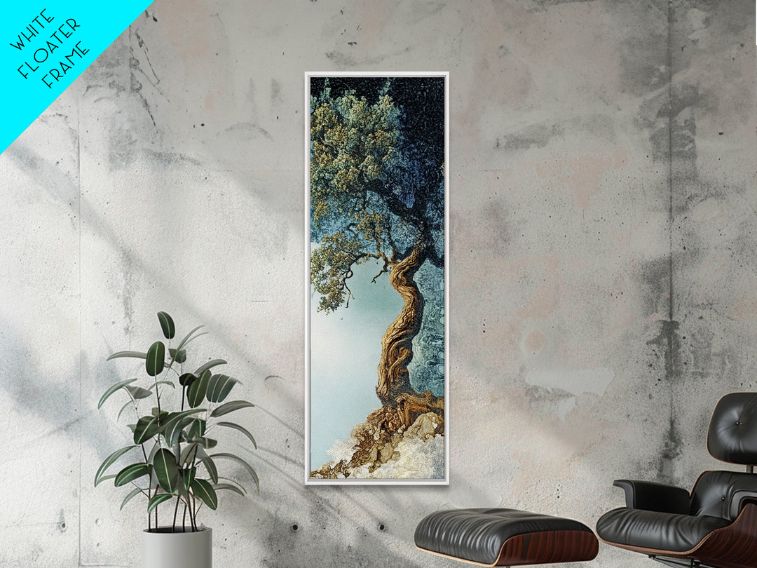 Detailed Oak Tree Framed Canvas Print in Textured Earth Tones, Tall Narrow Wall Art for Living Room or Bedroom Rustic Decor