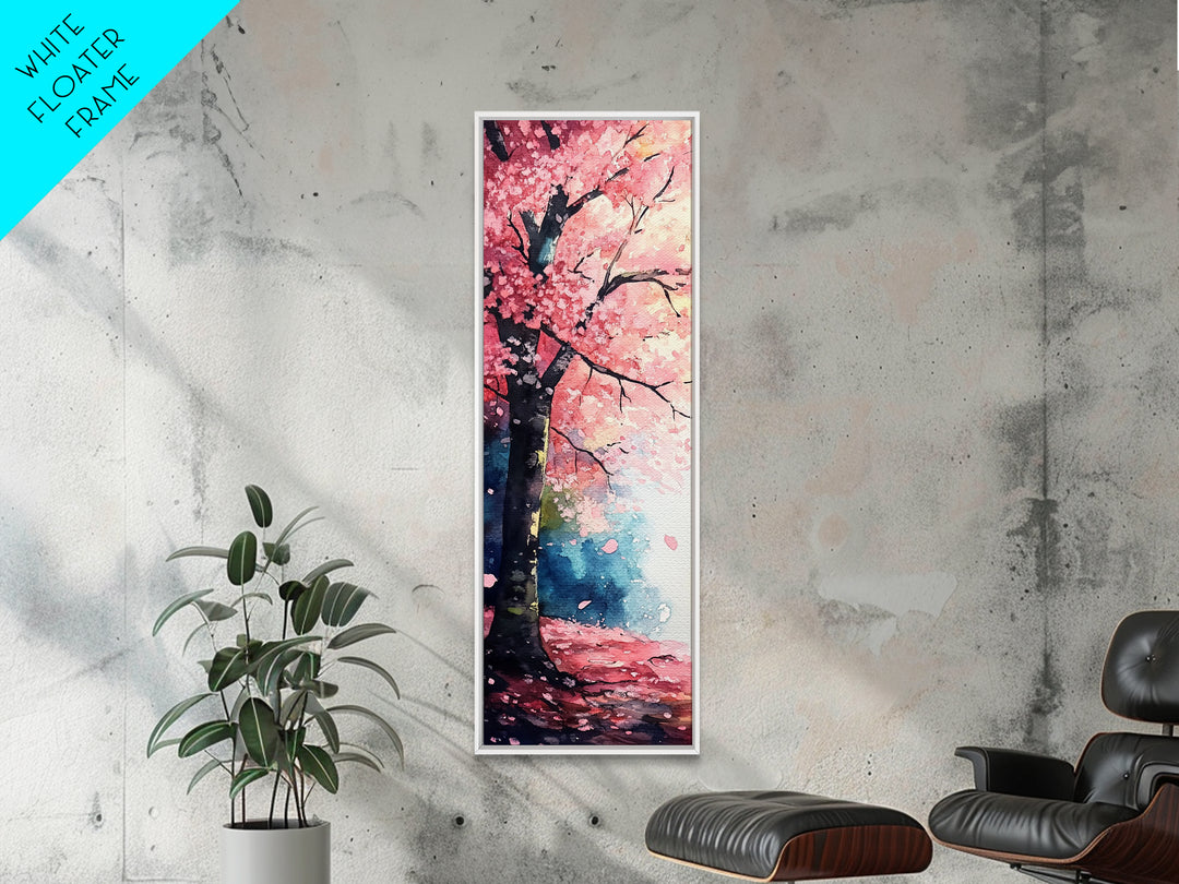 Cherry Blossom Tree Framed Canvas Print, Moody Pink Wall Art, Japanese Botanical Artwork, Vertical Minimalist Decor, Gift Idea