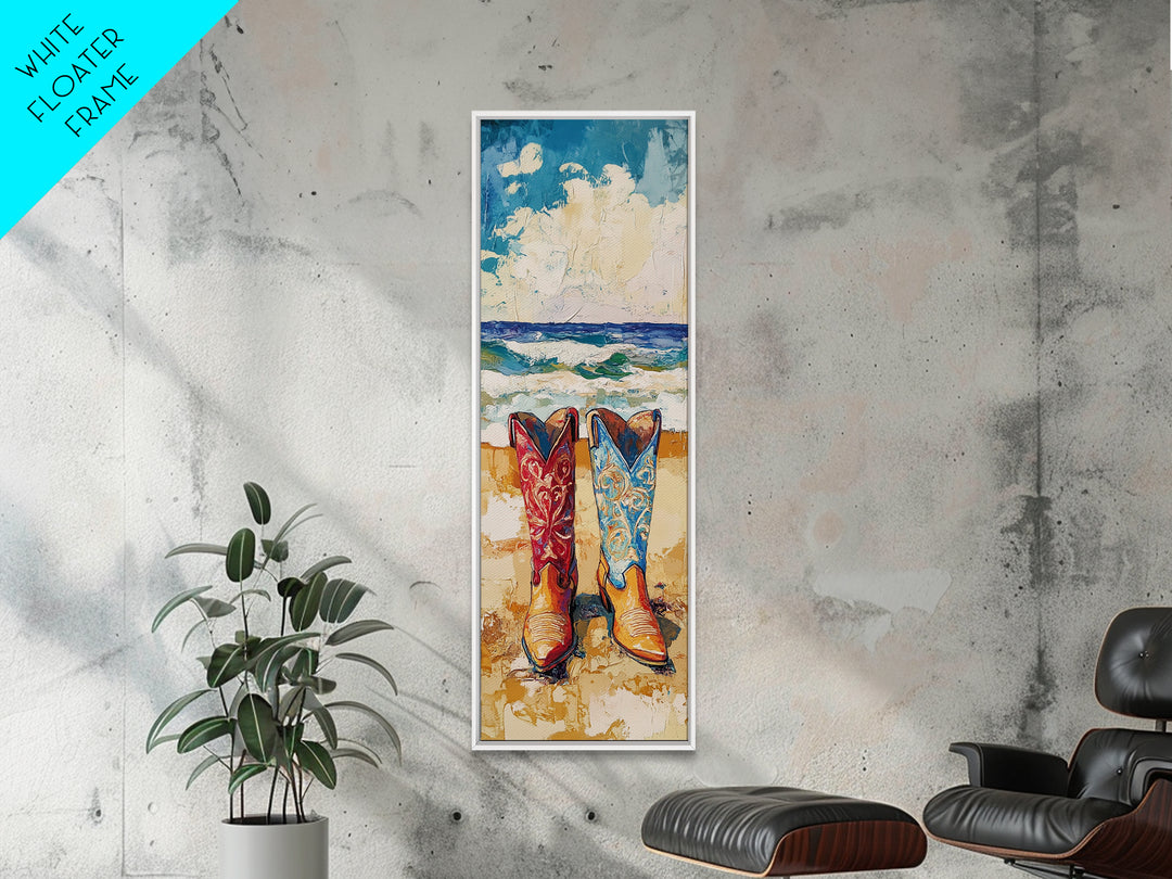 Coastal Cowgirl Boots Canvas Print, Vibrant Red and Blue Cowboy Boots on Beach with Ocean Waves, Coastal Wall Art, Nautical Decor, Gift Idea