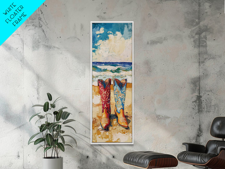 Coastal Cowgirl Boots Canvas Print, Vibrant Red and Blue Cowboy Boots on Beach with Ocean Waves, Coastal Wall Art, Nautical Decor, Gift Idea