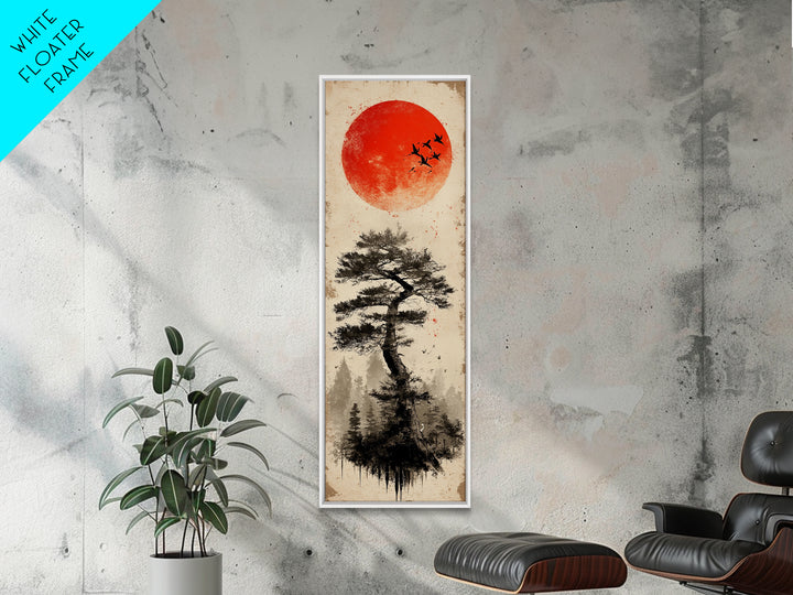 Bold Red Sun Pine Tree Framed Canvas Print Japanese Inspired Minimalist Wall Art Rustic Zen Decor Unique Vertical Nature Artwork