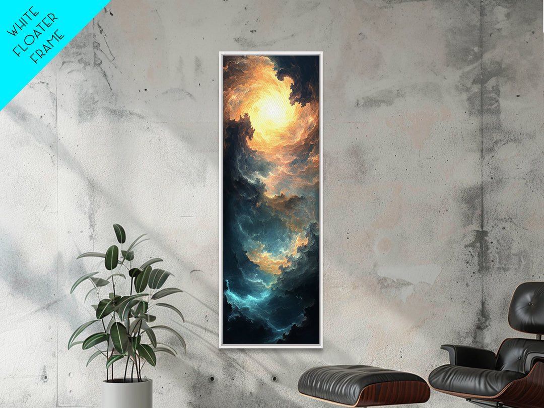 Celestial Abstract Landscape Framed Canvas Print Moody Horizontal Wall Art Blue and Gold Living Room or Bedroom Decor