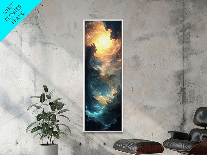 Celestial Abstract Landscape Framed Canvas Print Moody Horizontal Wall Art Blue and Gold Living Room or Bedroom Decor