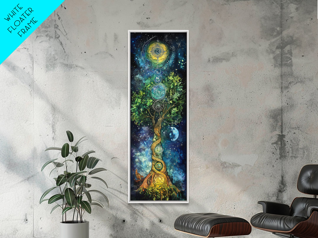 Celestial Tree Canvas Print With Cosmic Sacred Geometry Art, Whimsical Night Sky Scene, Panoramic Art Ideal Above Sofa Wall Decor