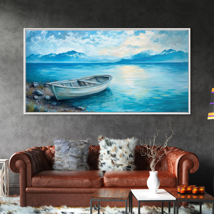 Boat on Tranquil Lake Canvas Print Coastal Landscape Art Nautical Wall Art Rustic Decor Above Sofa Artwork Bedroom Art Original Painting