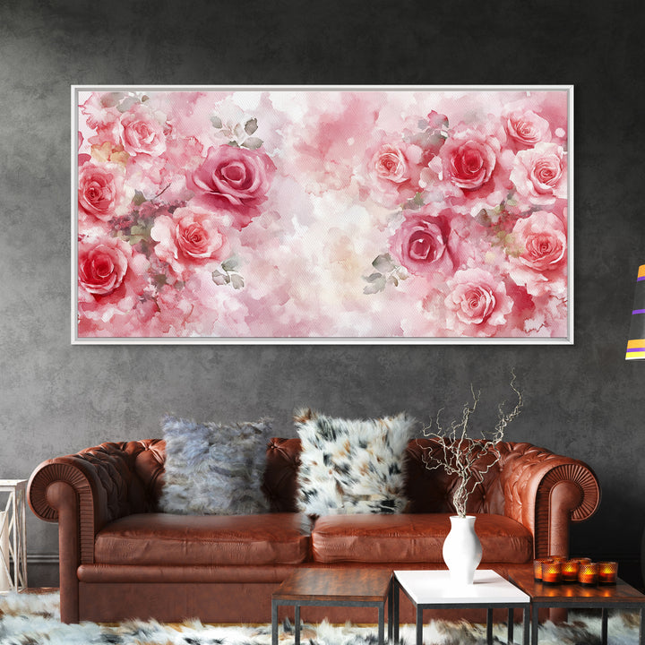Romantic Rose Painting Framed Canvas Print Featuring Rose Painting and Pink Wall Art Botanical Prints Rustic Art Living Room Decor