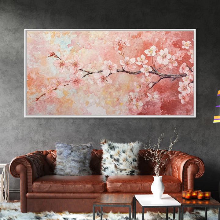 Cherry Blossom Painting Framed Canvas Print, Light Pink Wall Art Living Room Decor, Horizontal Wall Art Rustic Art Gift Idea for Her