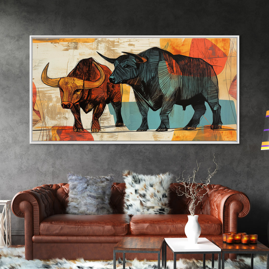 Abstract Bull Duo Framed Canvas Print Rustic Wall Art Geometric Bull Art Living Room Decor Bull and Bear Art Rustic Farmhouse Art