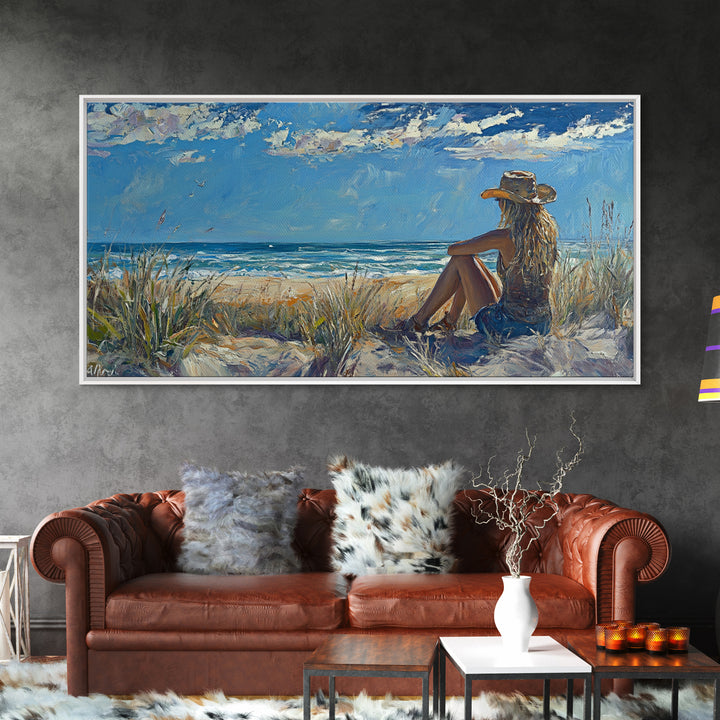 Coastal Cowgirl Framed Canvas Print Coastal Landscape Art Nautical Decor Ocean View Art Horizontal Wall Art Above Bed Wall Art