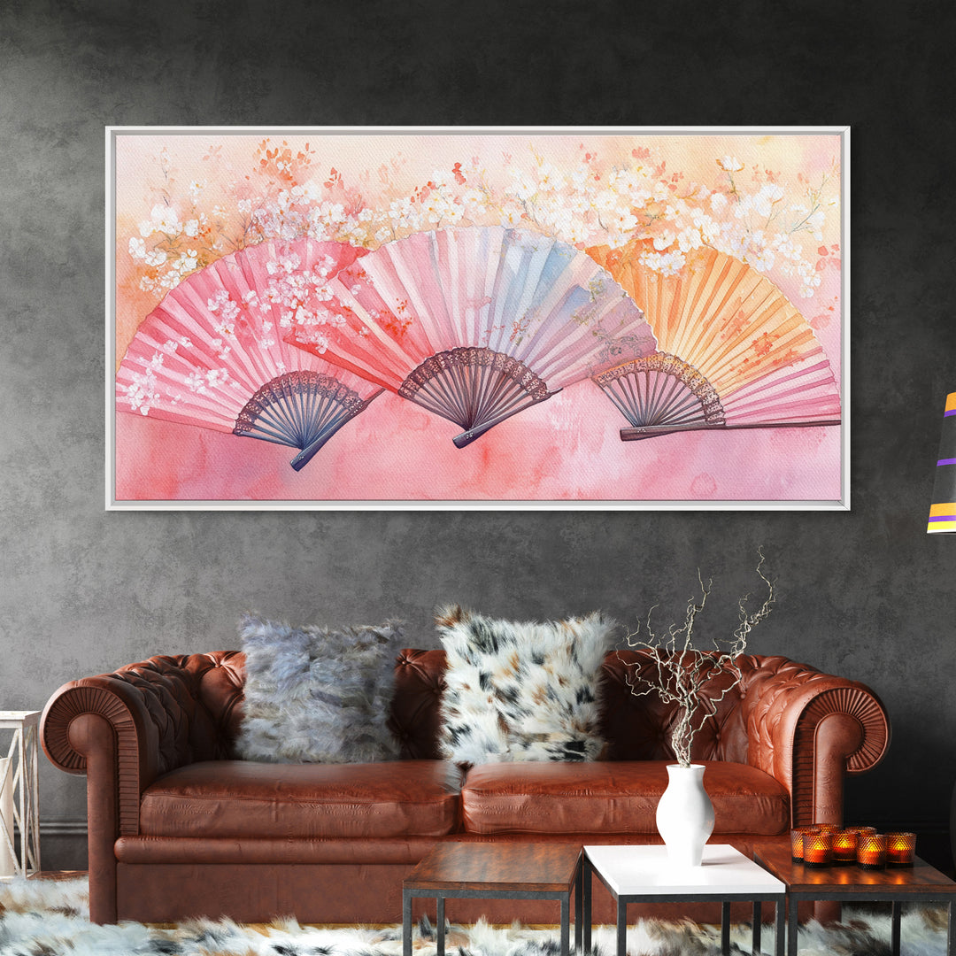 Cherry Blossom Fan Canvas Print Japanese Inspired Art Framed Pink Orange Wall Art Long Narrow Skinny Bedroom Rustic Spring Decor