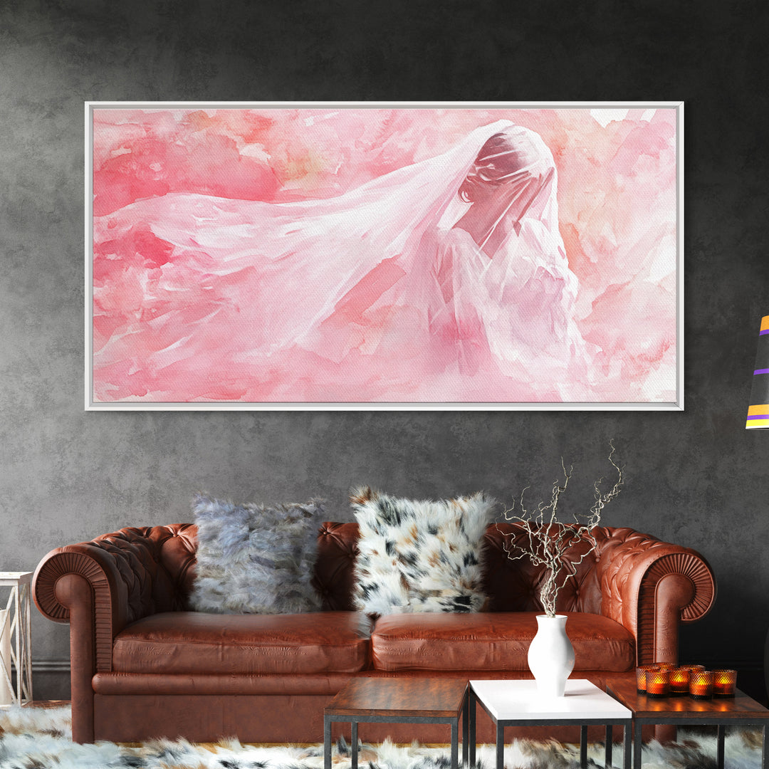 Delicate Veiled Woman Canvas Print Light Pink Wall Art Feminine Minimalist Art Bedroom Decor Above Bed Boho Art Gift Idea