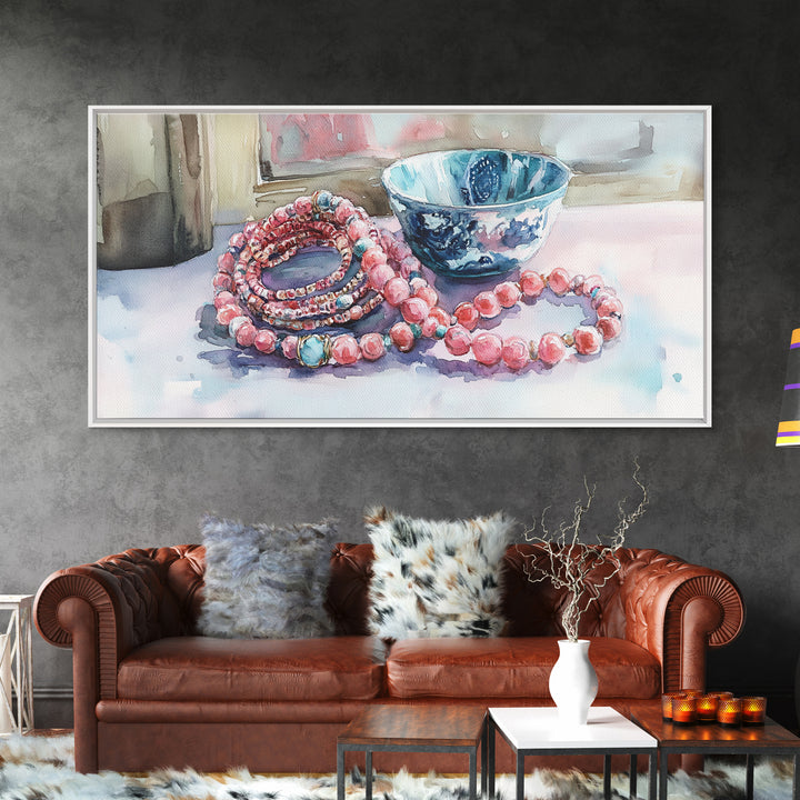 Beaded Necklace Canvas Print | Whimsical Boho Jewelry Wall Art | Pink and Blue Pastel Artwork | Feminine Room Decor | Gift Idea for Her