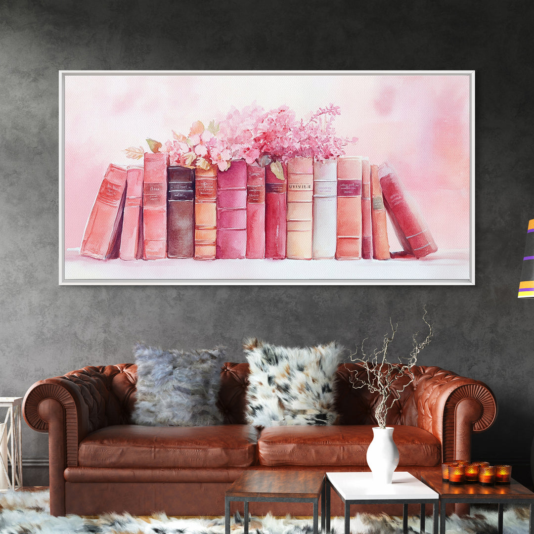 Vintage Book Stack Canvas Print | Botanical Pastel Wall Art | Cottagecore Library Decor | Feminine Reading Room Artwork | Gift Idea for Her