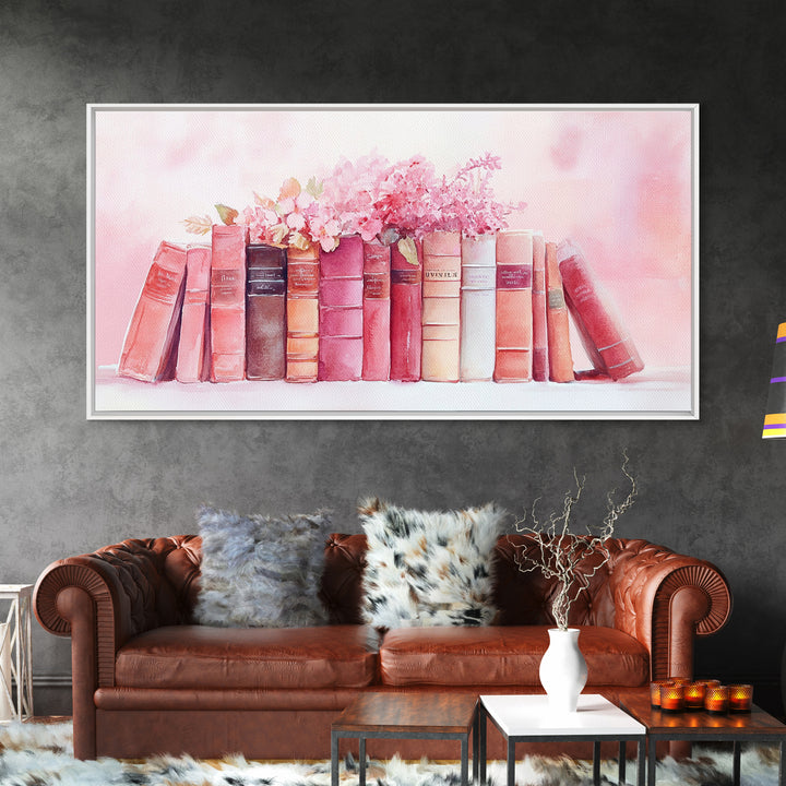 Vintage Book Stack Canvas Print | Botanical Pastel Wall Art | Cottagecore Library Decor | Feminine Reading Room Artwork | Gift Idea for Her