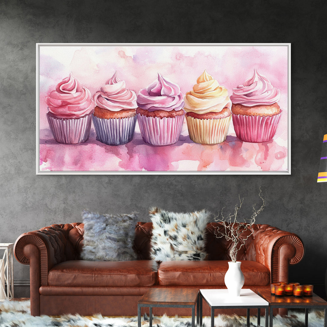 Cupcake Row Canvas Print | Whimsical Sweet Treats Wall Art | Kitchen Dessert Artwork | Pastel Food Lover's Decor | Light Pink Whimsical Art