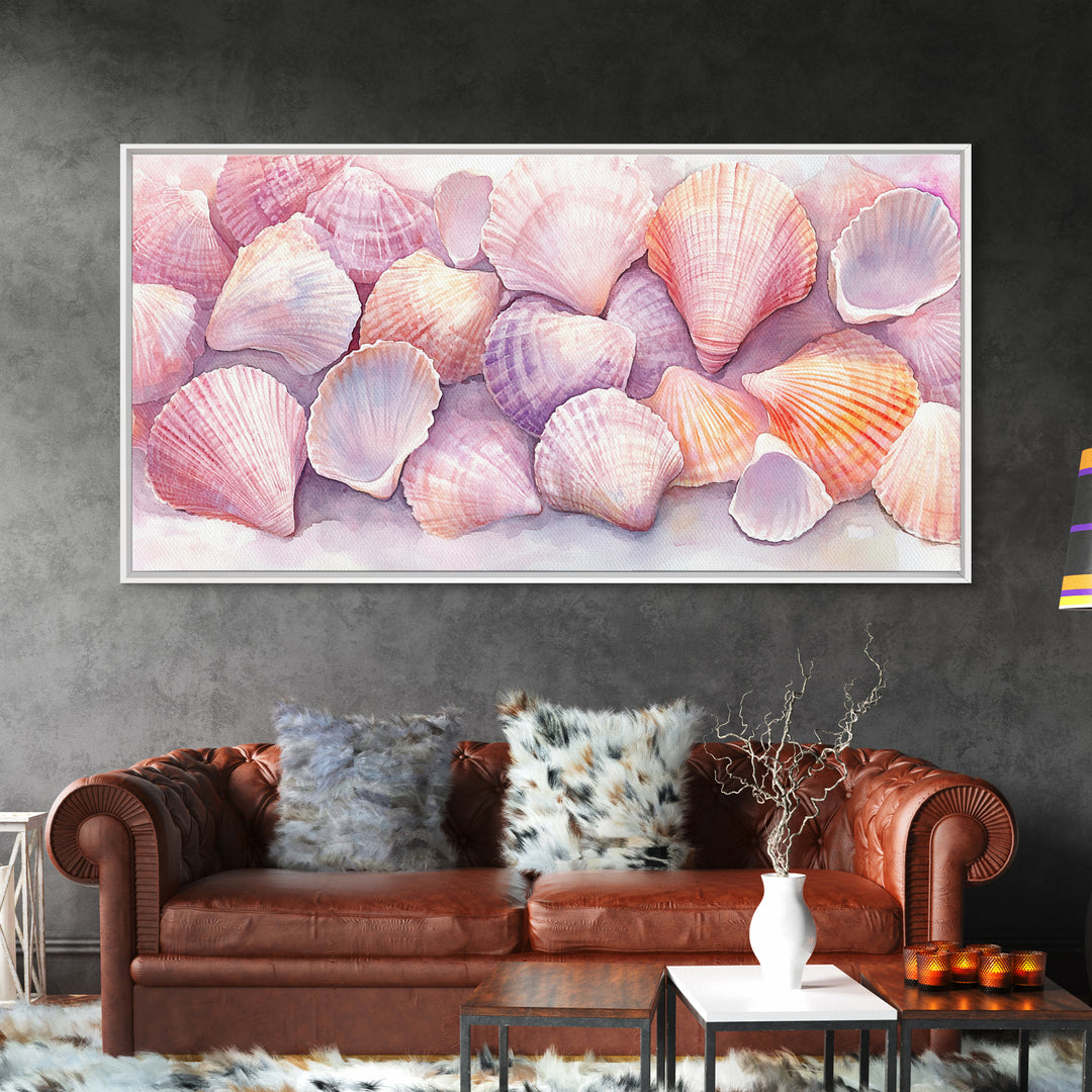 Coastal Seashell Canvas Print, Nautical Wall Art, Coastal Decor, Rustic Beach Art, Light Pink Shell Painting, Coastal Landscape Art Gift