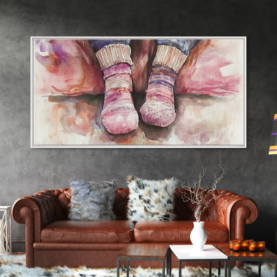Cozy Socks Canvas Print, Rustic Light Pink and Warm Toned Painting, Whimsical Art as Fall Decor for Bedroom or Lounge Area
