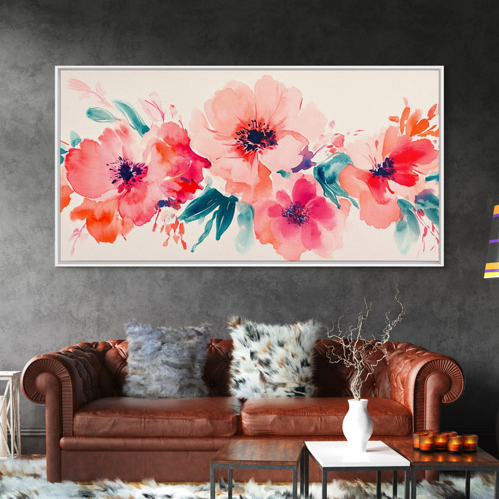 Bright Wildflower Canvas Print | Pink Orange Botanical Art | Nature Inspired Wall Decor | Living Room Framed Artwork | Unique Gift Idea