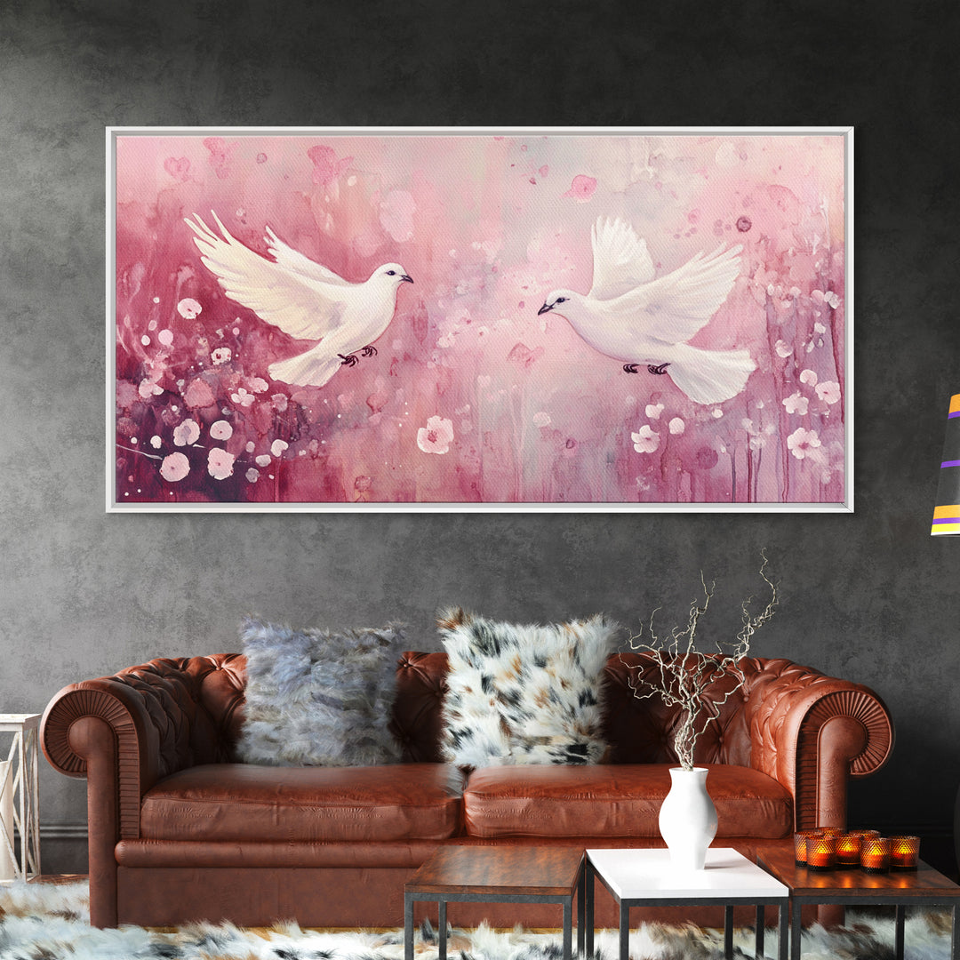 Romantic Doves Framed Canvas Print, Whimsical Pink and White Wall Art, Cherry Blossom Painting, Bedroom or Living Room Gift Idea