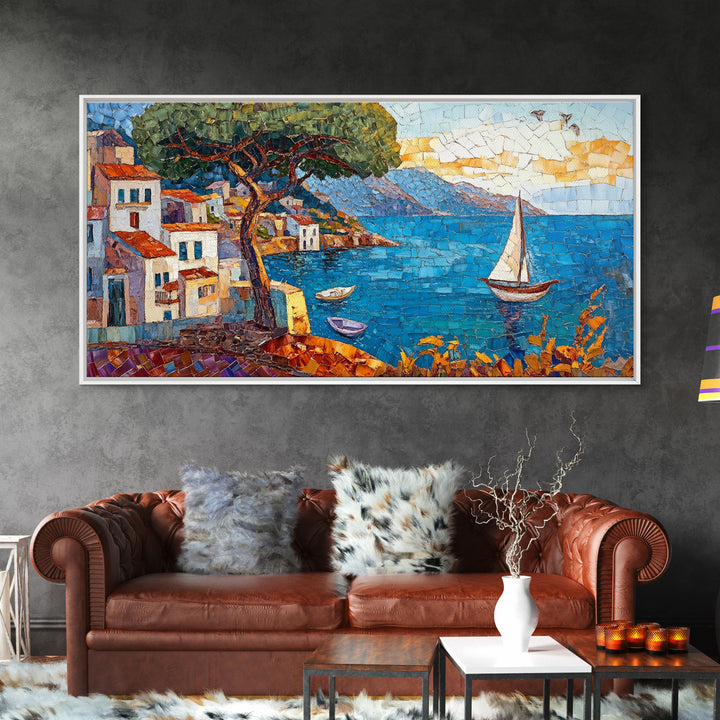 Coastal Sailboat Scene Mosaic Canvas Print - Nautical Decor Seascape Painting - Rustic Fall Wall Art Above Sofa Coastal Home Art
