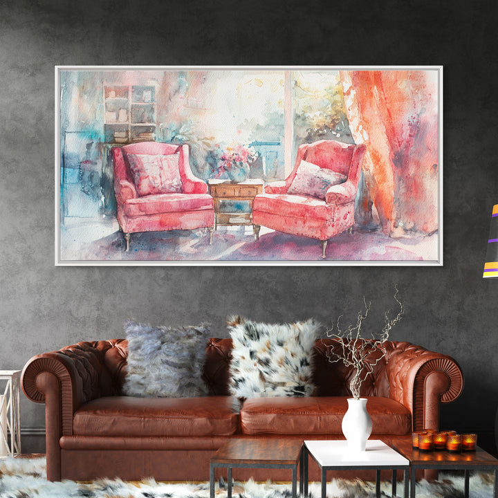 Cozy Armchair Canvas Print | Farmhouse Living Room Wall Art | Rustic Decor | Framed Canvas Print Gift Idea | Above Couch Pink Art