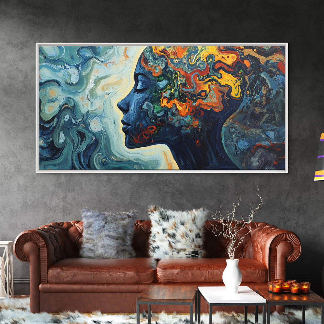 Abstract Woman Mind Framed Canvas Print - Artistic Brain Art Therapy Decor - Blue and Green Geometric Wall Art Minimalist Style