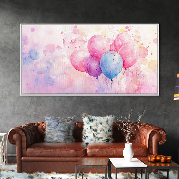 Balloon Cluster Canvas Print | Whimsical Art, Light Pink and Blue Wall Art, Birthday Decor, Pastel Wall Art, Playroom Art, Living Room Decor