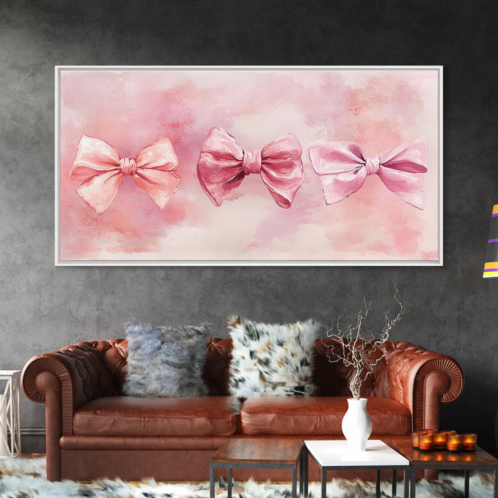 Bow Tie Trio Painting with Pink Orange Wall Art Aesthetic Framed Canvas Print, Whimsical Art Bedroom or Living Room Decor