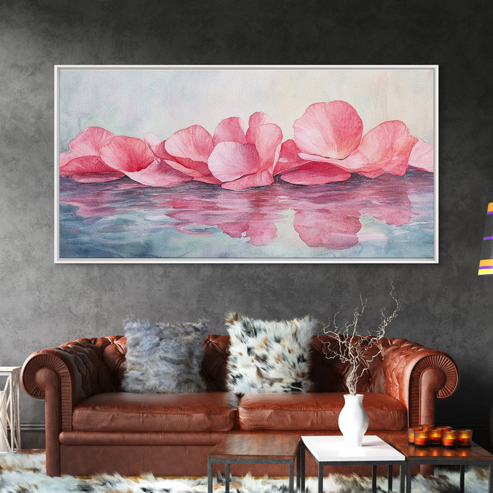 Delicate Rose Petals Reflected in Water Pink Wall Art on Framed Canvas Print, Romantic Bedroom or Living Room Accent Art
