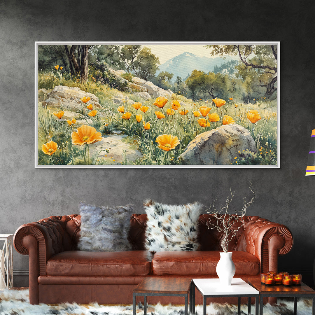California Poppy Art Landscape Framed Canvas Print Wildflower Wall Art Rustic Decor Above Sofa Living Room Art Gift Idea