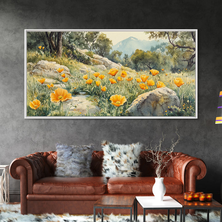 California Poppy Art Landscape Framed Canvas Print Wildflower Wall Art Rustic Decor Above Sofa Living Room Art Gift Idea