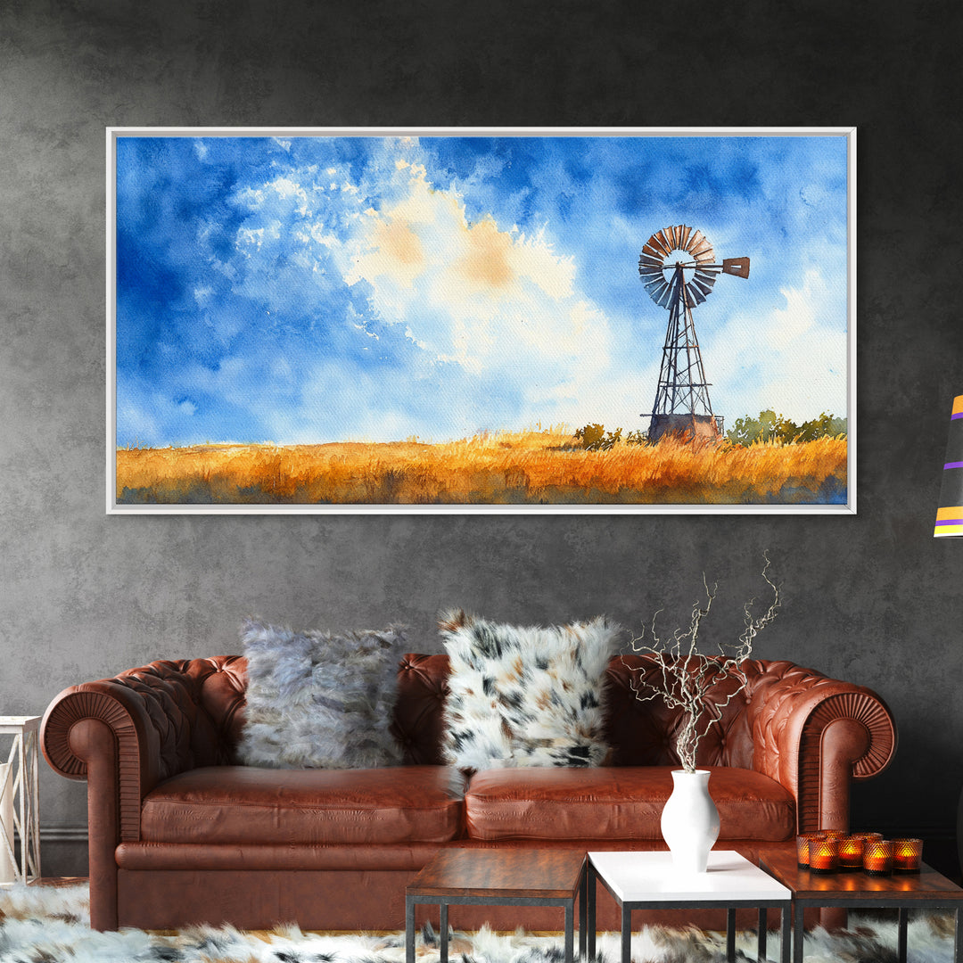 Bright Blue Sky Windmill Framed Canvas Print Rustic Farmhouse Art Horizontal Artwork Ideal Above Sofa Unique Living Room Wall Decor