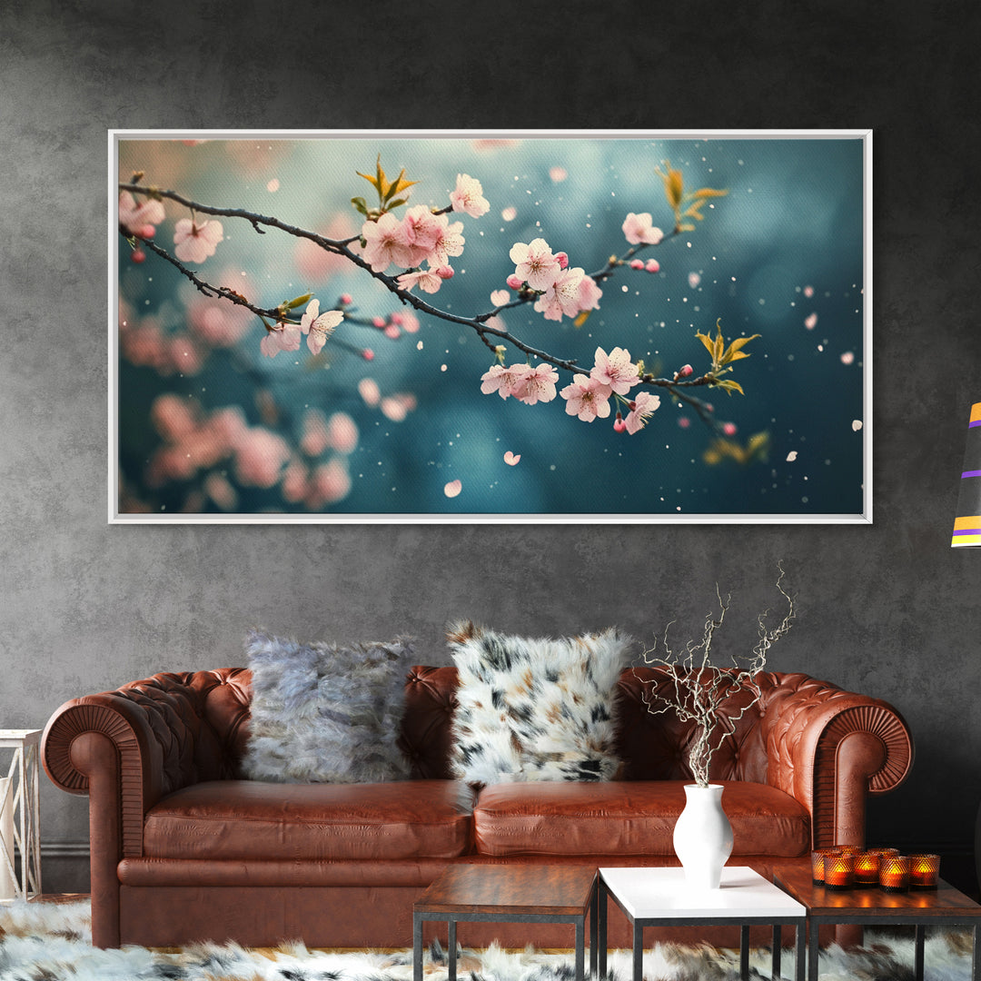 Blossoming Cherry Branch Framed Canvas Print Japanese Style Rustic Decor Great Gift Idea Botanical Prints Beautiful Bedroom Wall Art
