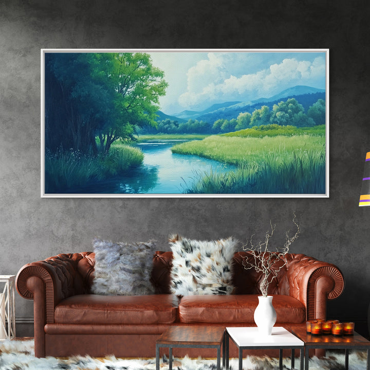 Canvas Print of Serene Green Valley and River Landscape, Rustic Wall Art, Gift Idea for Nature Lovers and Rustic Home Decor