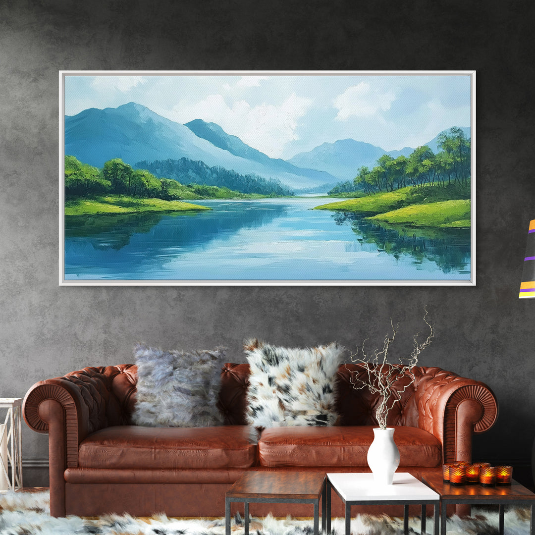 Blue Landscape Framed Canvas Print, Smoky Mountain Art Above Sofa Decor, Coastal Painting Gift Idea Living Room Horizontal Wall Art