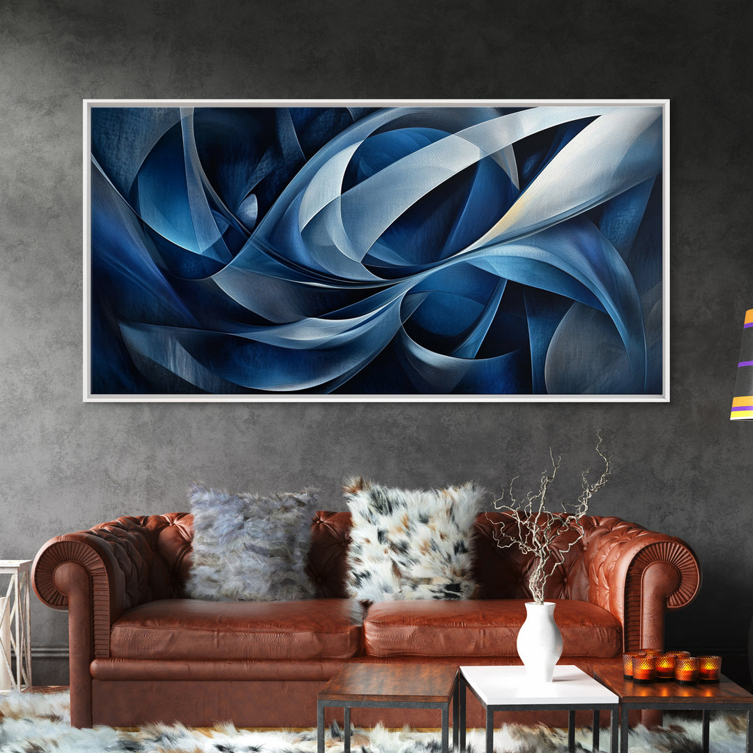 Abstract Blue Swirls Canvas Print, Geometric Wall Art Horizontal Decor, Moody Modern Artwork Gift Idea Living Room Panoramic Art