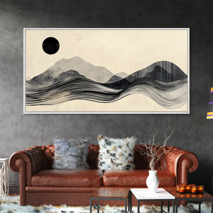 Abstract Mountain Landscape Framed Canvas Print, Wabi Sabi Wall Art Minimalist Decor, Rustic Line Art Idea Bedroom Artwork Vertical Design