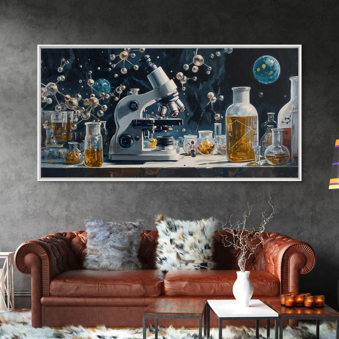 Science Art Framed Canvas Print, Microscope Molecular Wall Decor, Unique Therapy Art, Coastal Modern Living Room Art Gift Idea