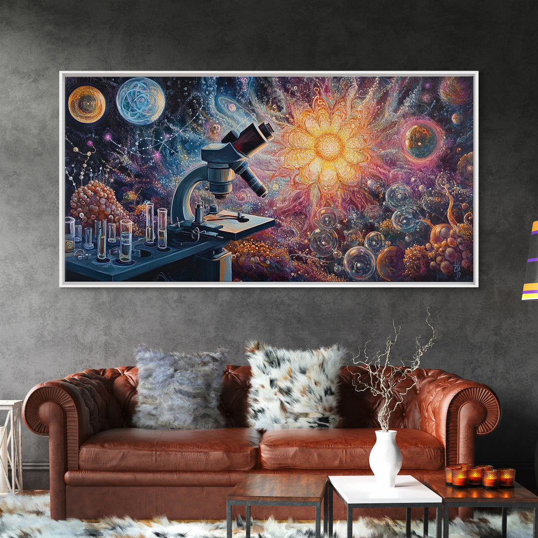 Zen Science Art Framed Canvas Print, Molecular Cosmos Microscope Painting, Moody Therapy Wall Decor, Above Sofa Living Room Art