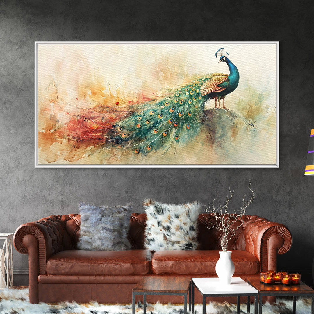 Elegant Peacock Wall Art Canvas Print, Colorful Wildlife Painting, Moody Therapy Art, Unique Bedroom Decor Gift Idea, Botanical Prints
